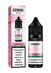 A product image showing a Zego Nic Salt e-liquid bottle and its packaging. The packaging is predominantly pink and black with text and the Zego logo, and the bottle is black with a label and a pink nicotine strength indicator.